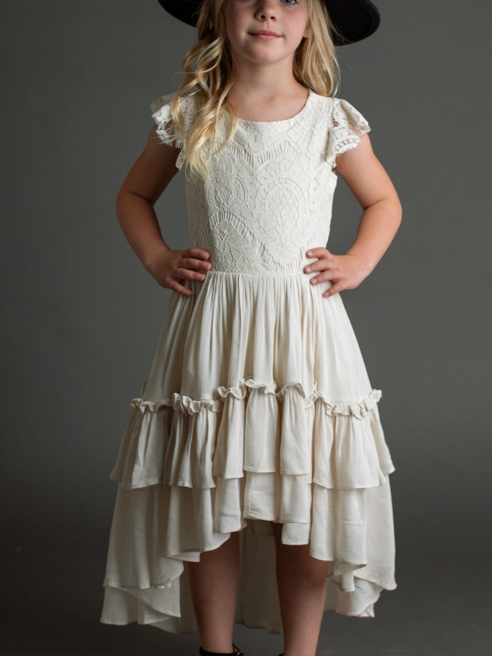 Mia JOY Dress Girls 10 Cream Lace Hi Low Maxi Flutter Sleeve Ruffle Party Boho